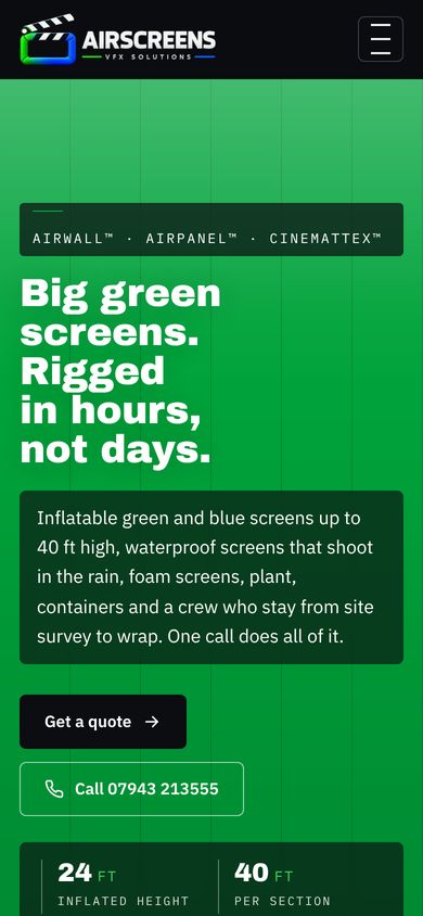 Airscreens VFX website on a phone