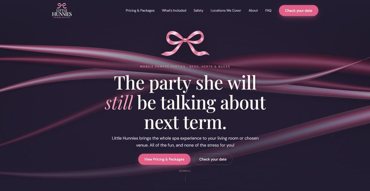 Little Hunnies Pamper Parties website on a desktop screen